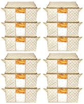 Kuber Industries Metalic Checkered Print Foldable Clothes Storage Bag Wardrobe Organizer Non Woven Fabric for Comforters,Blankets,Bedding with Sturdy Zipper,Clear Window (Set of 12,Ivory)-KUBMART16596